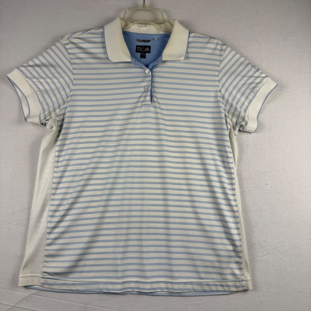 Adidas ClimaCool Womens Large White Blue Striped Golf Polo Shirt 435879